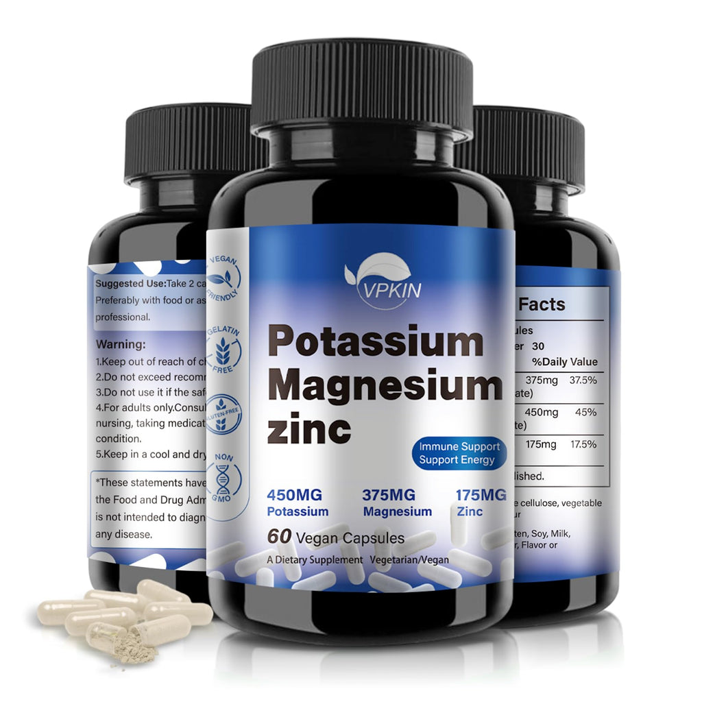 Potassium Magnesium Supplement 1000mg,Magnesium Potassium Zinc for Leg Cramps,High Absorption Magnesium Complex,Vegan (60 Capsules)