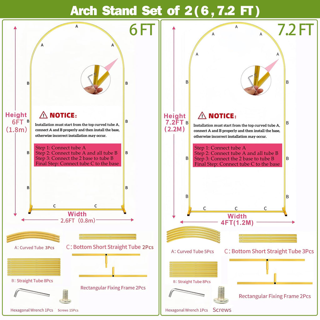 2 Pack Metal Arch Backdrop Stand 7.2FT, 6FT Wedding Balloon Floral Frame