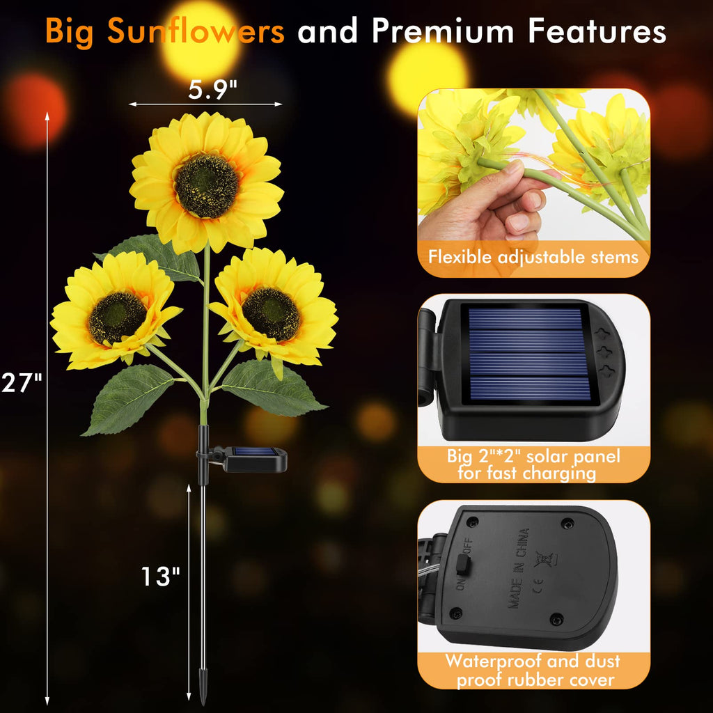 Meagoo Solar Sunflower Lights, 800mA Solar Garden Light with Real Looking Flowers Outdoor Waterproof Solar Stake Lights for Back Yard, Flower Bed, Pathway, Patio, Porch, Fall Decoration (4 Pack)