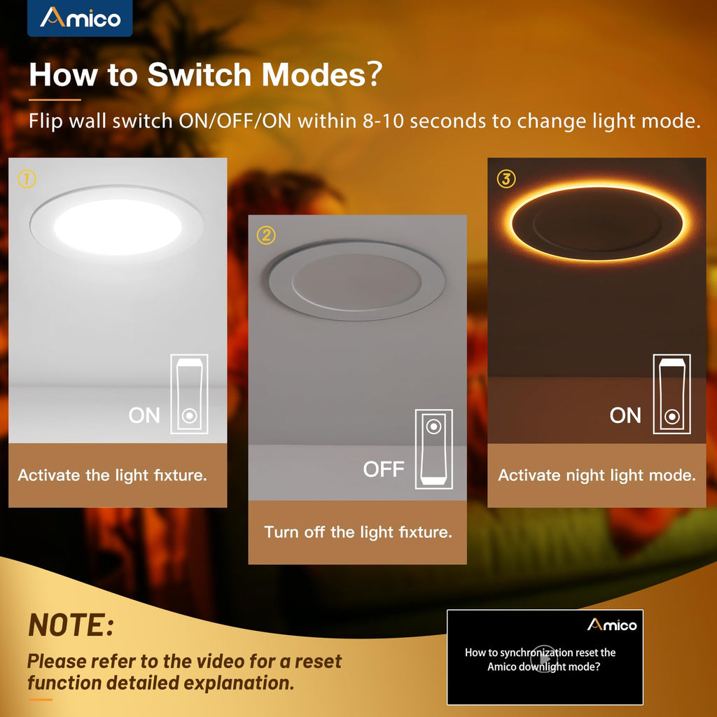 Amico 12 Pack 4 Inch 5CCT LED Recessed Ceiling Light with Night Light, 2700K/3000K/3500K/4000K/5000K Selectable Ultra-Thin Lighting, 10W=90W, 700LM, Dimmable Canless Wafer Downlight - ETL&FCC