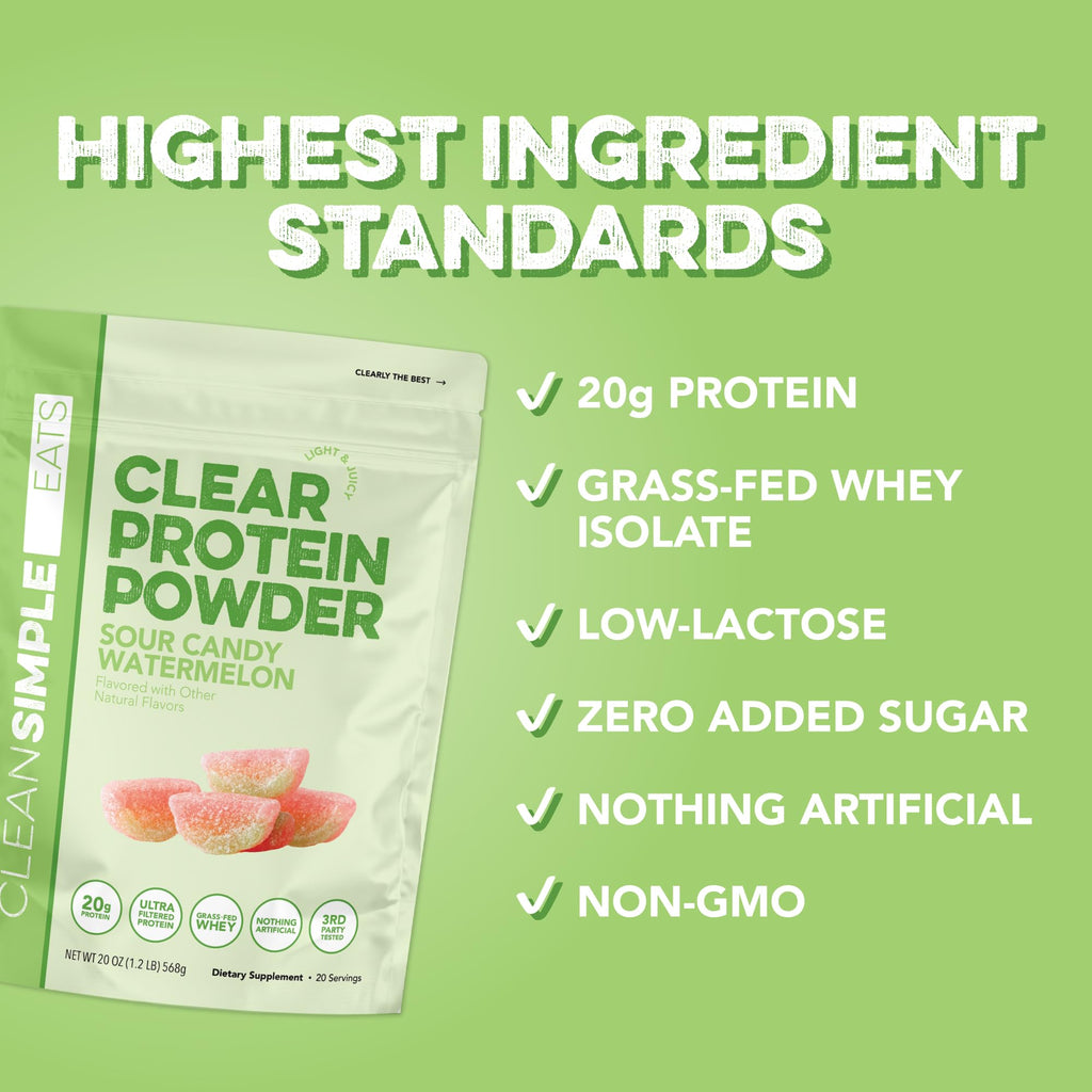 Clean Simple Eats Clear Protein Drinks, 20g Grass Fed Whey Protein Isolate, Ultra Filtered, Light & Refreshing Beverage, Low Lactose, Sour Candy Watermelon, 20 Servings