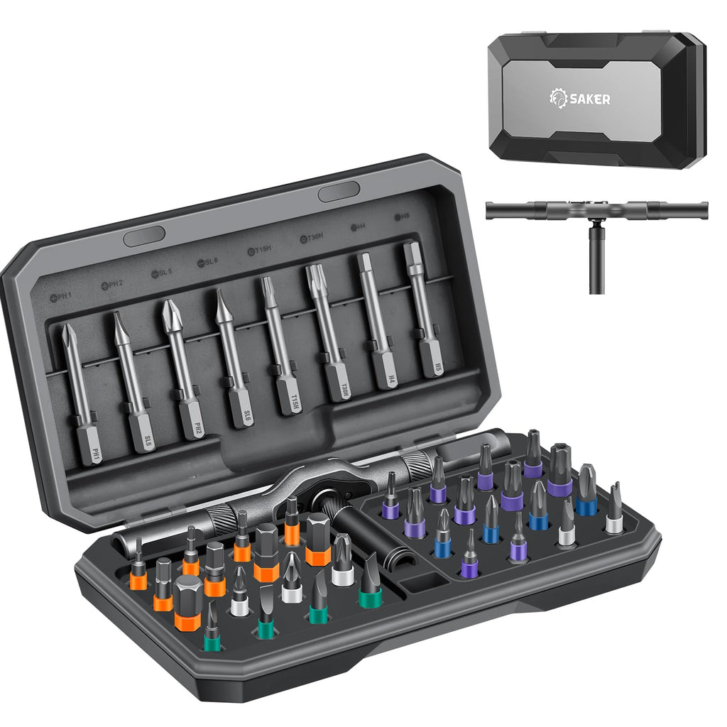 Saker 42 in 1 Magnetic Screwdriver Set for Fathers Day, Multi Bit Free Combination Ratchet Screwdriver Set Portable Repair Tool Kit for Gifts Furniture, Computer, Bicycle and DIY Grey
