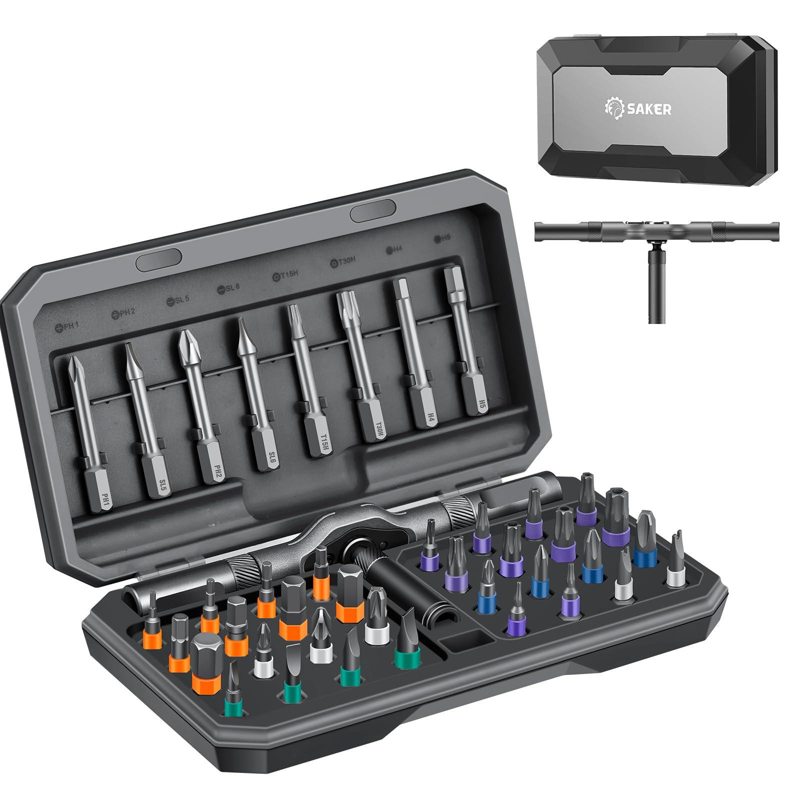 Saker 42 in 1 Magnetic Screwdriver Set for Fathers Day, Multi Bit Free Combination Ratchet Screwdriver Set Portable Repair Tool Kit for Gifts Furniture, Computer, Bicycle and DIY Grey
