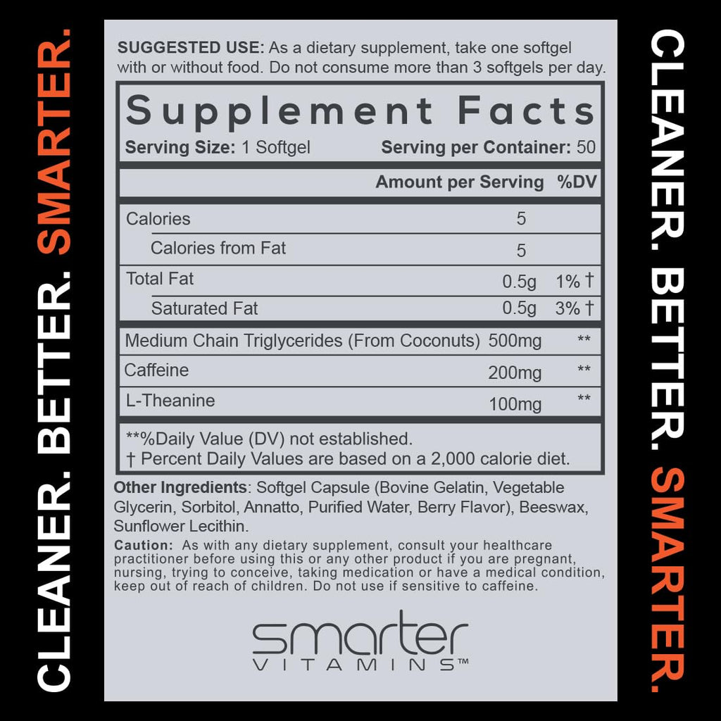 SmarterVitamins 200mg Caffeine Pills - MCT Oil from 100% Coconuts + 100mg L-Theanine, Energy and Focus, Extended Release Capsule, 50 Liquid Softgels