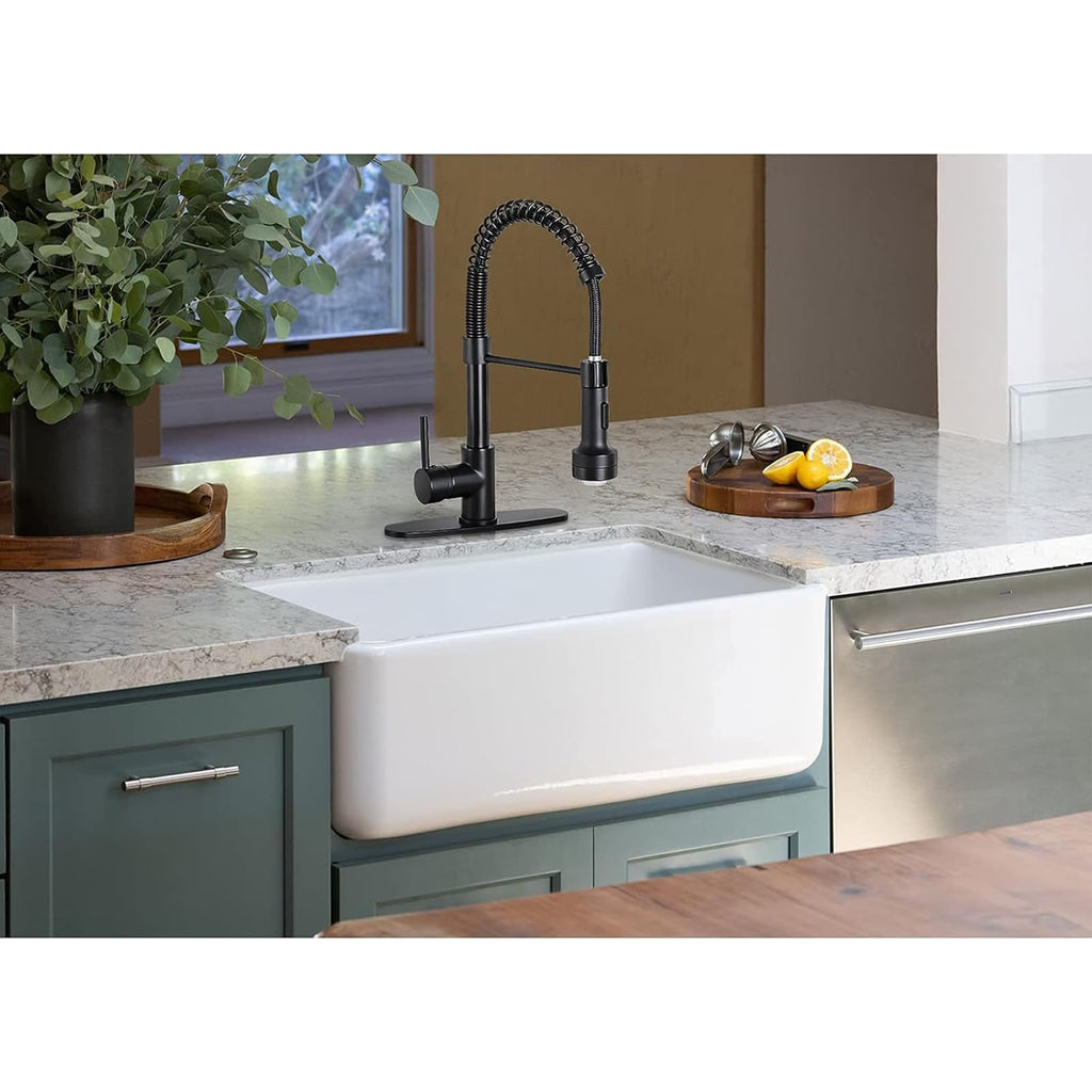 DJS Kitchen Faucets with Pull Down Sprayer LED Light Single Handle 1 or 3 Holes Spring Kitchen Sink Faucet with Deck Plate for Farmhouse RV Vessel Basin