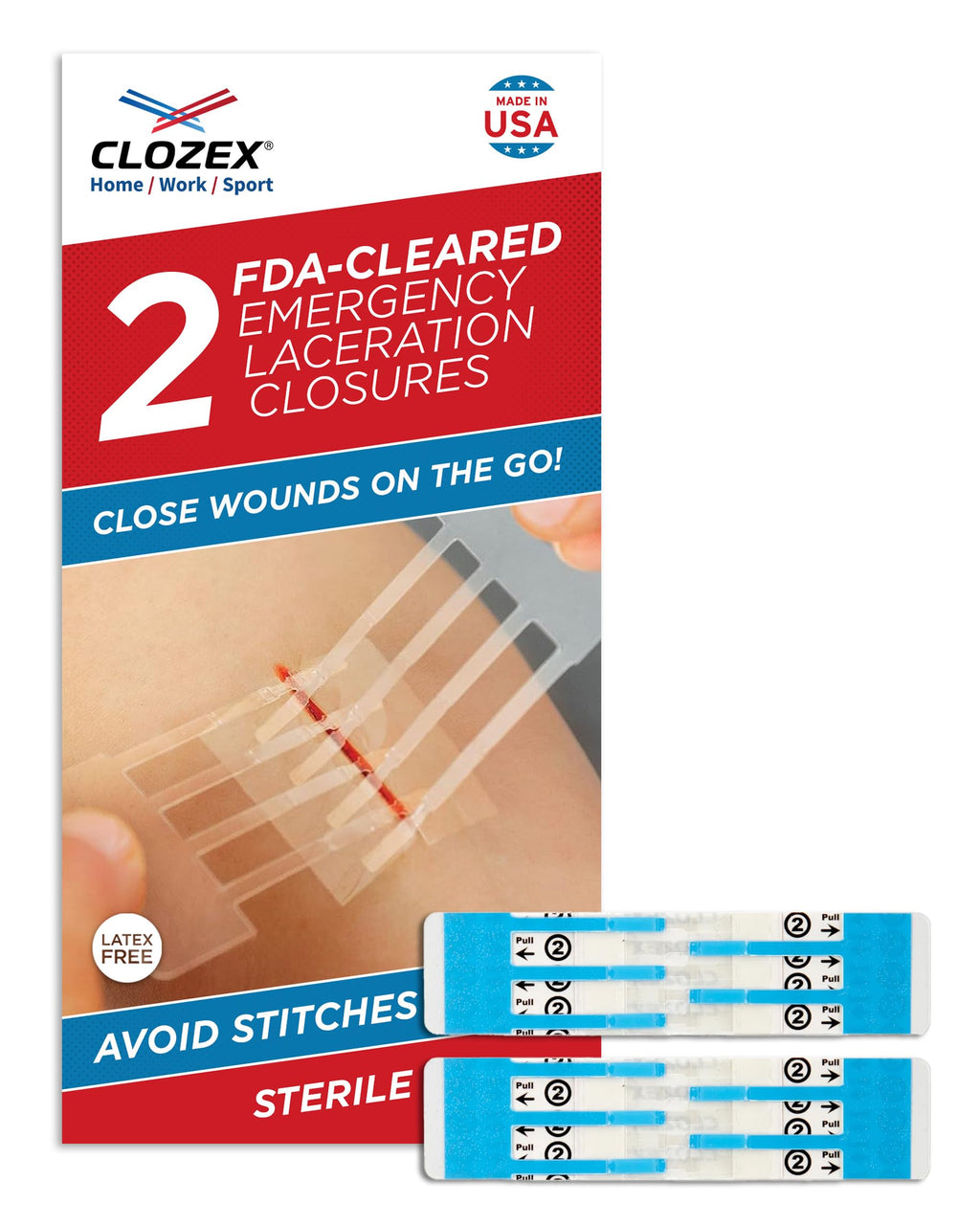 Clozex Emergency Laceration Closures - Repair Wounds Without Stitches, FSA HSA Eligible Skin Closure Device for 2 Individual Wounds Or Combine for Total Length of 2 Inches