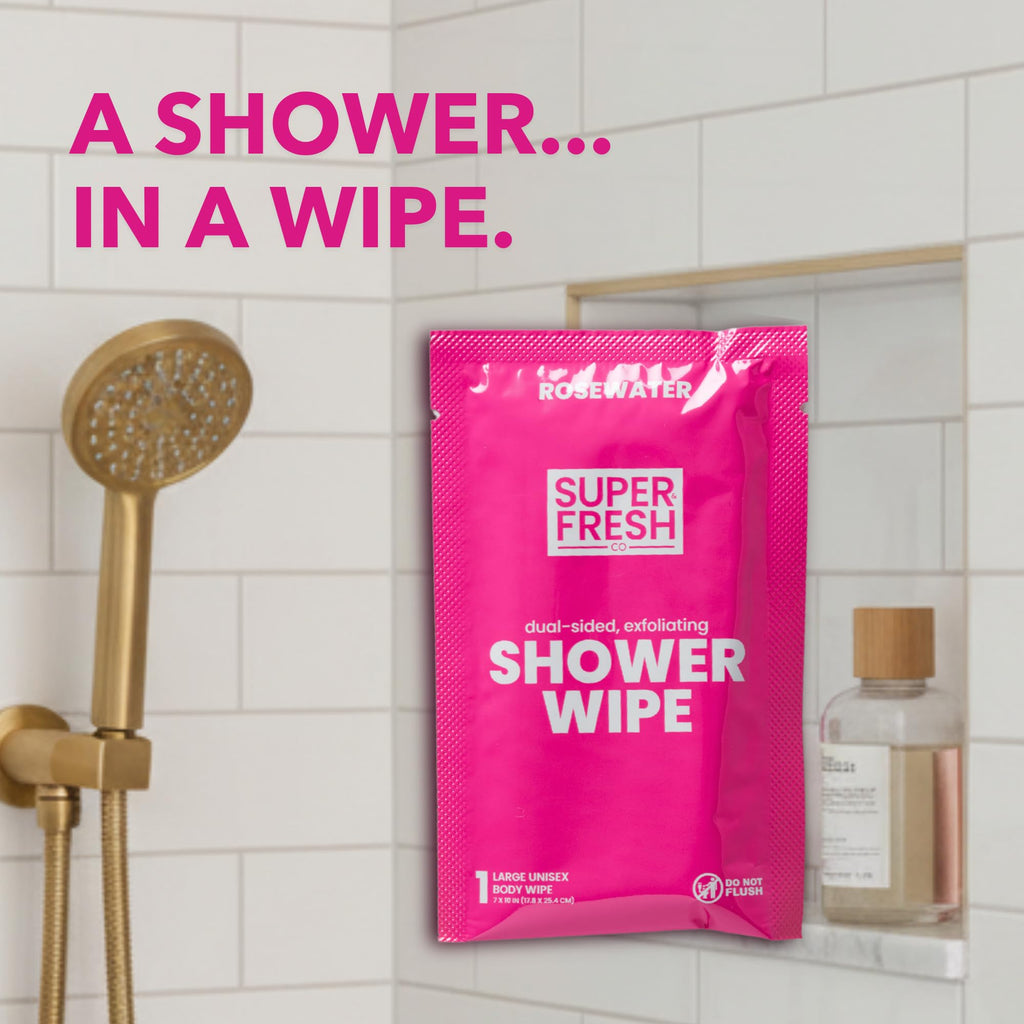 Super Fresh Shower Wipes Large RoseWater Body Wipes for No Rinse Bathing Personal Hygiene Gym Travel or Camping Enriched with Aloe and Vitamin E 20 Individually Wrapped Disposable Sheets
