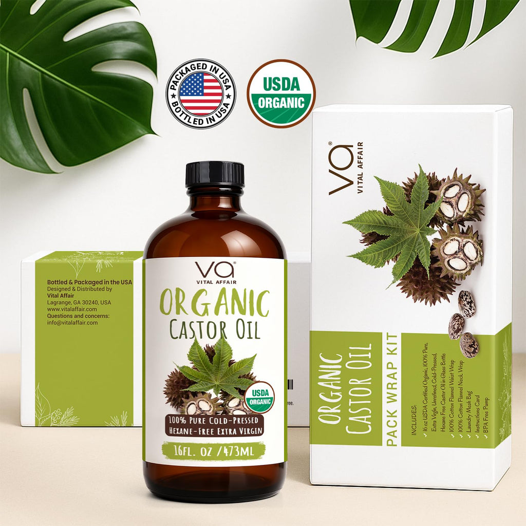 VITAL AFFAIR Castor Oil Cold Pressed Pure Glass Bottle Castor Oil with Flannel 100% Cotton Organic Castor Oil Packaging