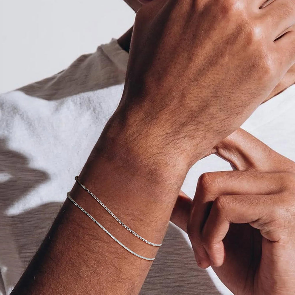 Silver Bracelets for Men, Stackable Fashion Cuban Snake Chain Set, 7 Inch