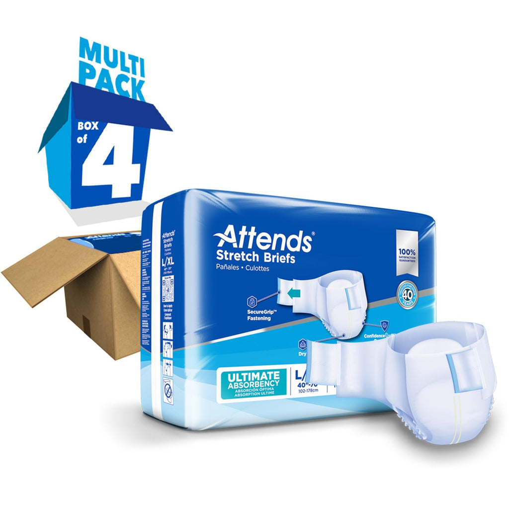 Attends Stretch Adult Disposable Briefs, Large/X-Large, 40"-70" Waist with Tab Closure, Ultimate Absorbency with Dry-Lock Containment Core, 96ct Case