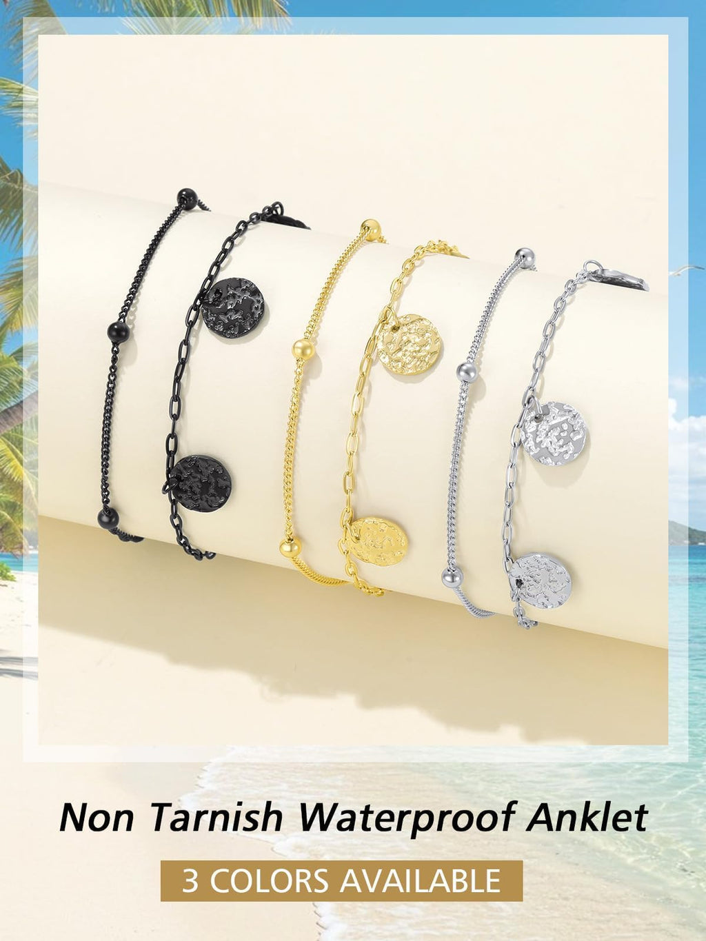 FindChic Stainless Steel Ankle Bracelets for Women, Silver Layered Coin Charm Anklets, Waterproof & Trendy Summer Jewelry