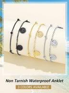 FindChic Stainless Steel Ankle Bracelets for Women, Silver Layered Coin Charm Anklets, Waterproof & Trendy Summer Jewelry