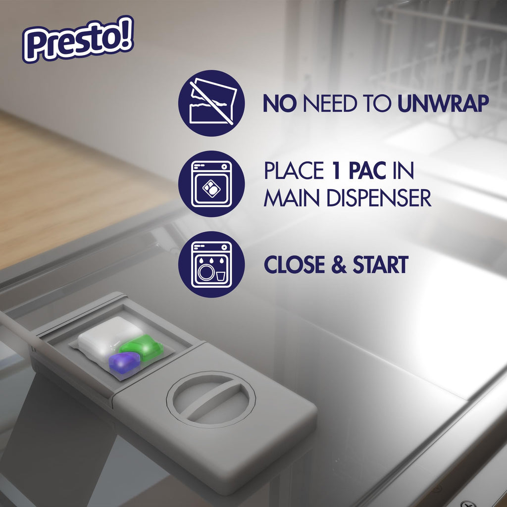 Amazon Brand - Presto! Triple Action Dishwasher Pacs, Fresh Scent, 90 Count (Pack of 2)