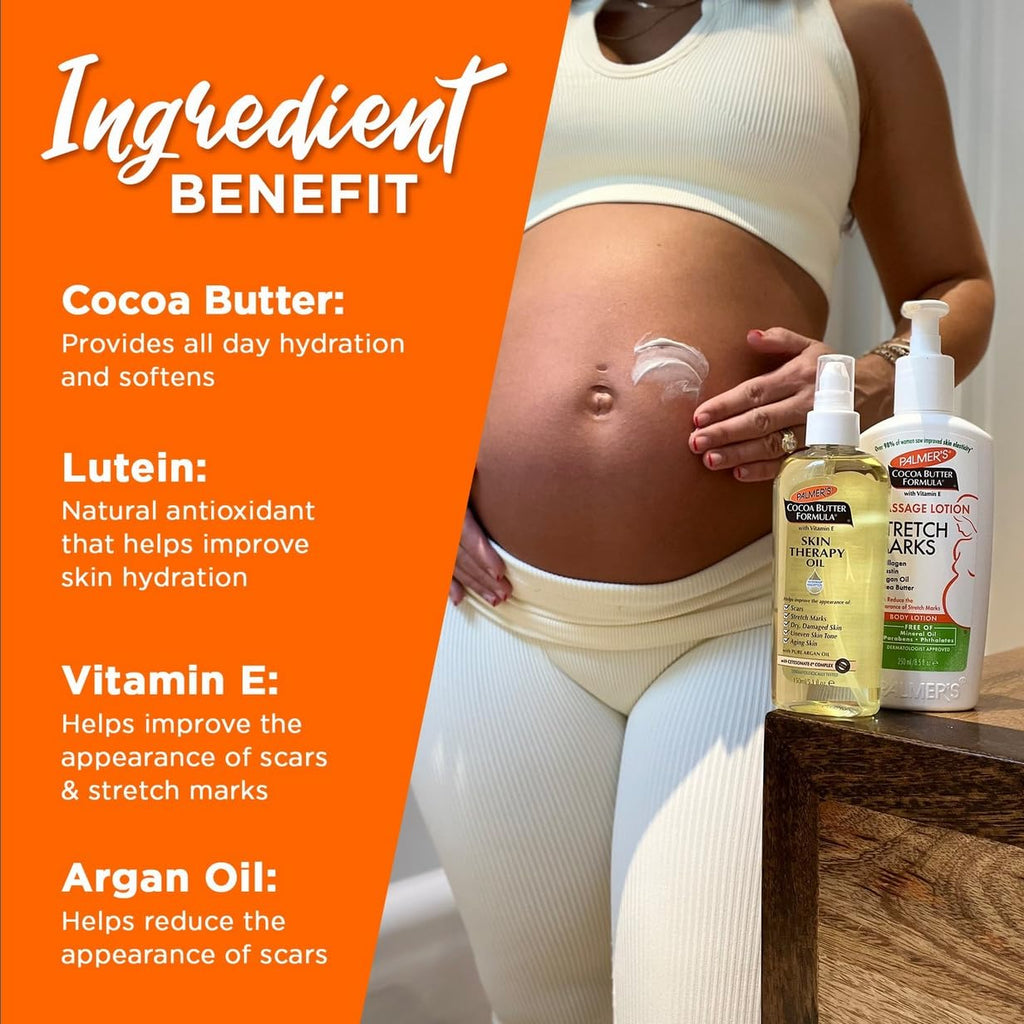 Palmer's Stretch Mark Care Body Lotion + Body Oil Bundle, Cocoa Butter Formula with Vitamin E Skin Care for Pregnant Women, Includes 1 Massage Oil (5.1 fl oz) and 1 Massage Lotion (8.5 fl oz)