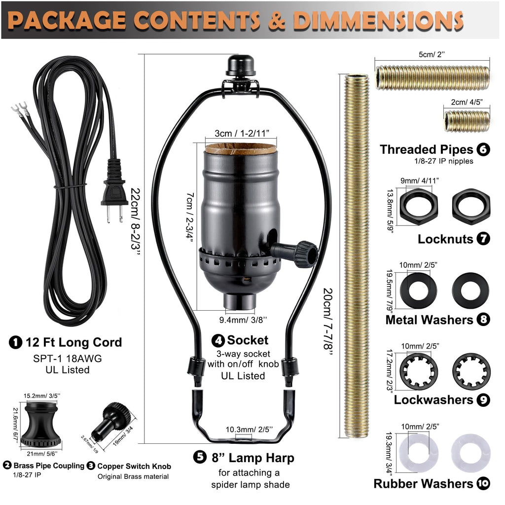Lamp Making Kit,Make a Lamp or Repair Kit, 3-Way Lamp Socket with Matching Cord and Harp Set, Wiring Kit for Table Floor Lamp,Essential Hardware for DIY Light Design or Repair (Black, 2)