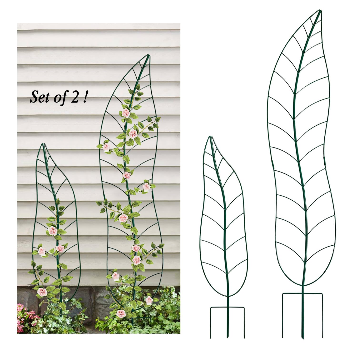 Garden Trellis Plant Support Trellis Green Leaf Trellis Garden Decoration for Climbing Vines Floral Metal Trellis Set of 2（Green）