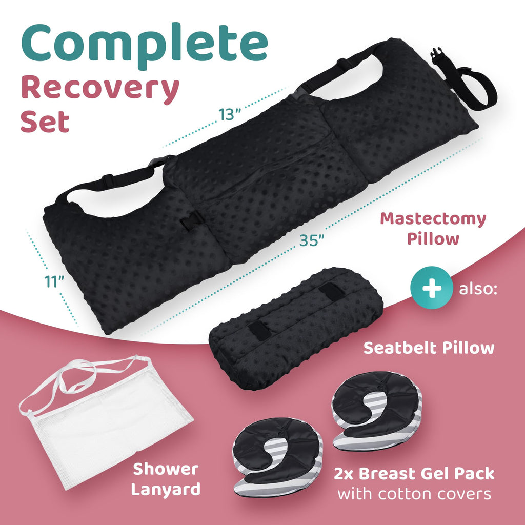 Zomaple Mastectomy Recovery Pillow with Strap, Swirly Gel Pack, Seat Belt Cover & Shower Lanyard – Post-Op Essentials, Breast Augmentation/Reduction & Recovery Supplies – Washable Cover for Comfort