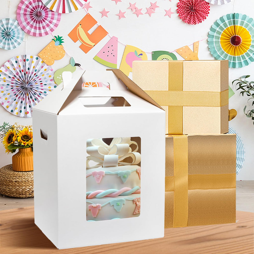 Wowxyz 3 Pack Tall Cake Boxes for Tier Cakes 12x12x14 Inch Disposable Layer Tall Baking Carrier with Window Large Tierd Bakery Take Out Transport Containers with Handle for Wedding, Birthday, Party