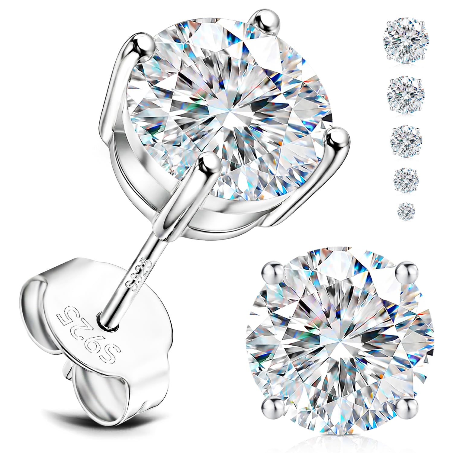 EIoways Moissanite Stud Earrings, D Color VVS1, Sterling Silver, Push Back, 3-7mm, for Women and Men (Round Silver, 4mm-0.48CTW)