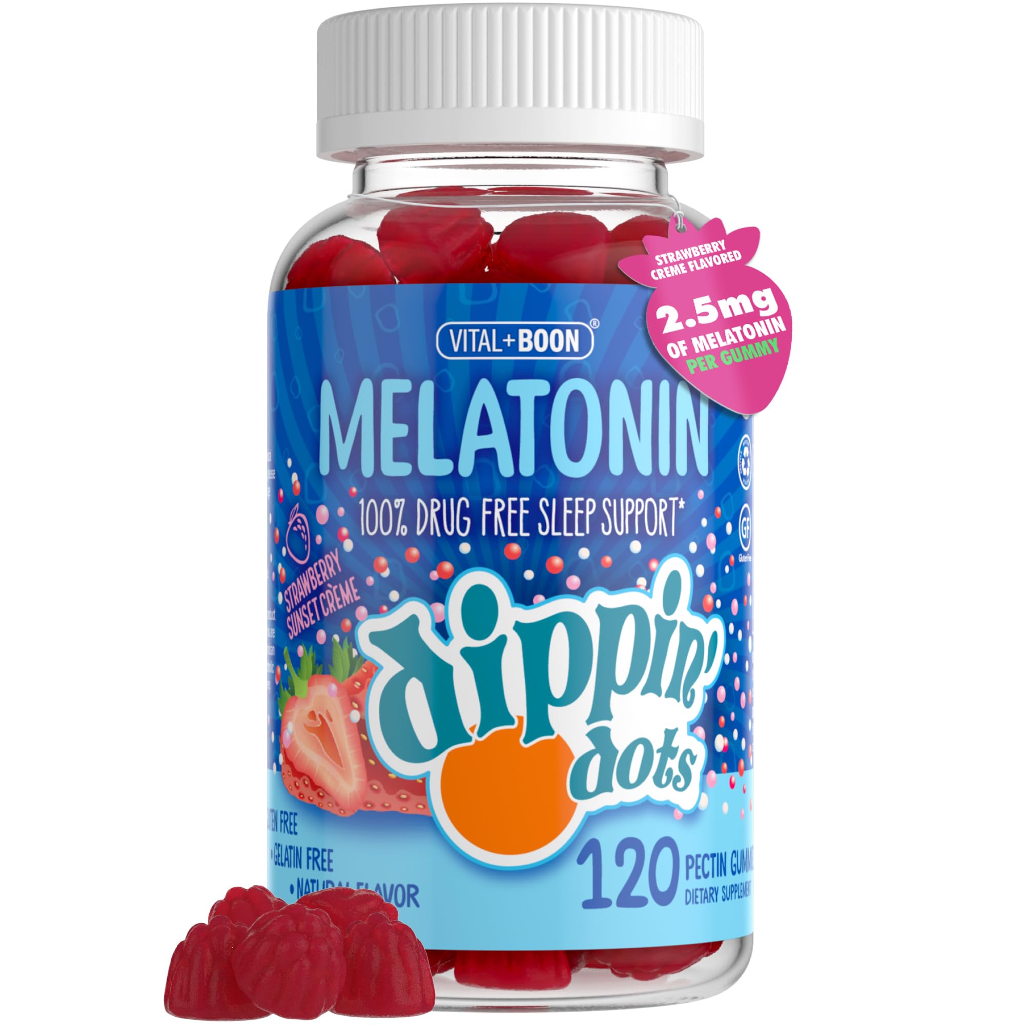 Dippin Dots - Melatonin Gummies for Kids & Adults (30 Day Supply) Strawberry Sunset Creme Flavor | 2.5mg Per Kids Melatonin Gummy | Supplement for Faster & Longer Sleep | Gummies for Children (120 Ct)