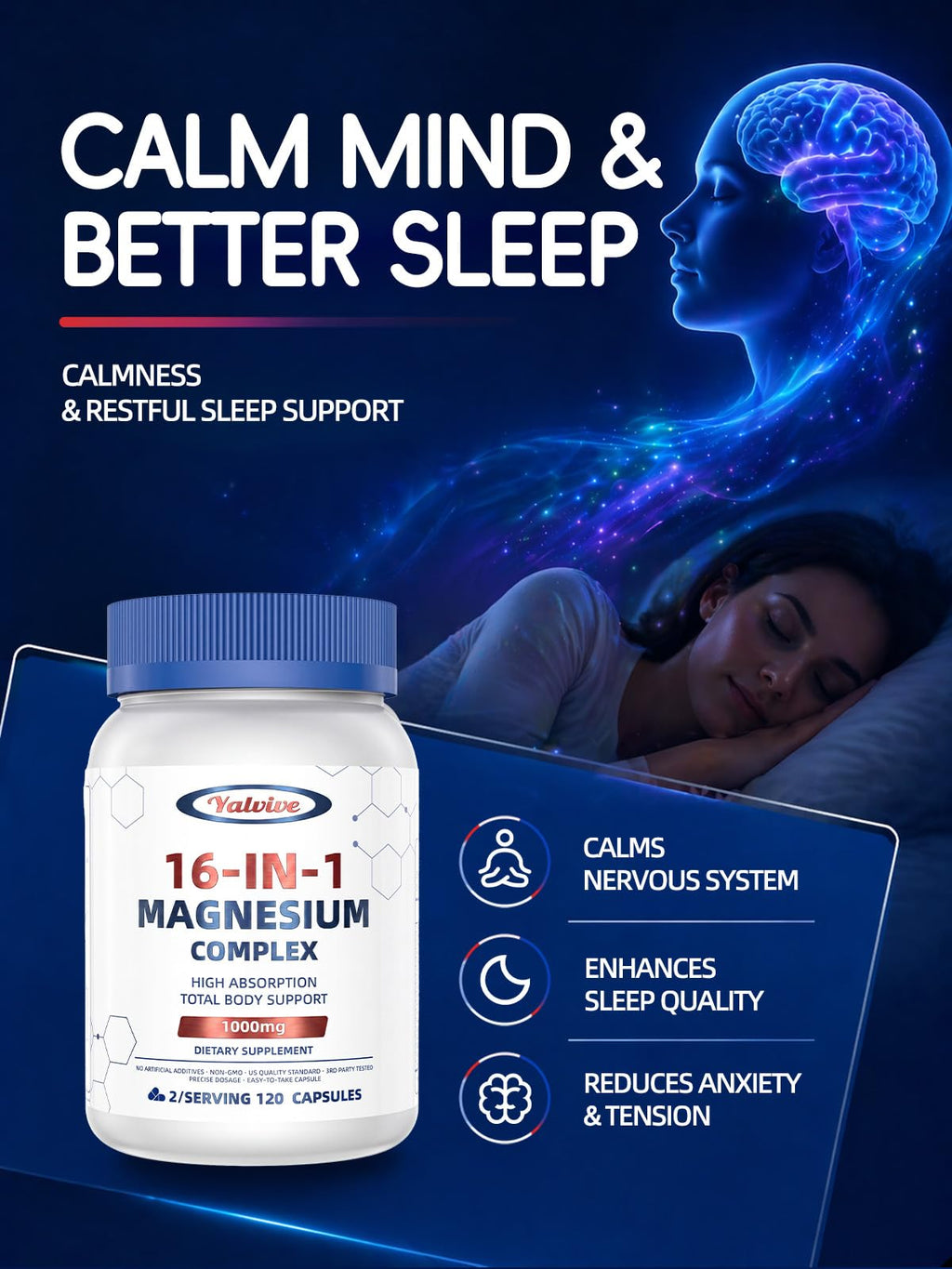 1000mg Magnesium Complex for Women & Men, 16 in 1 High Absorption | Glycinate, Citrate, Malate, Taurate | Sleep, Nerve, Heart, Bone, Muscle & Energy | Non-GMO, Gluten-Free, 120 Capsules
