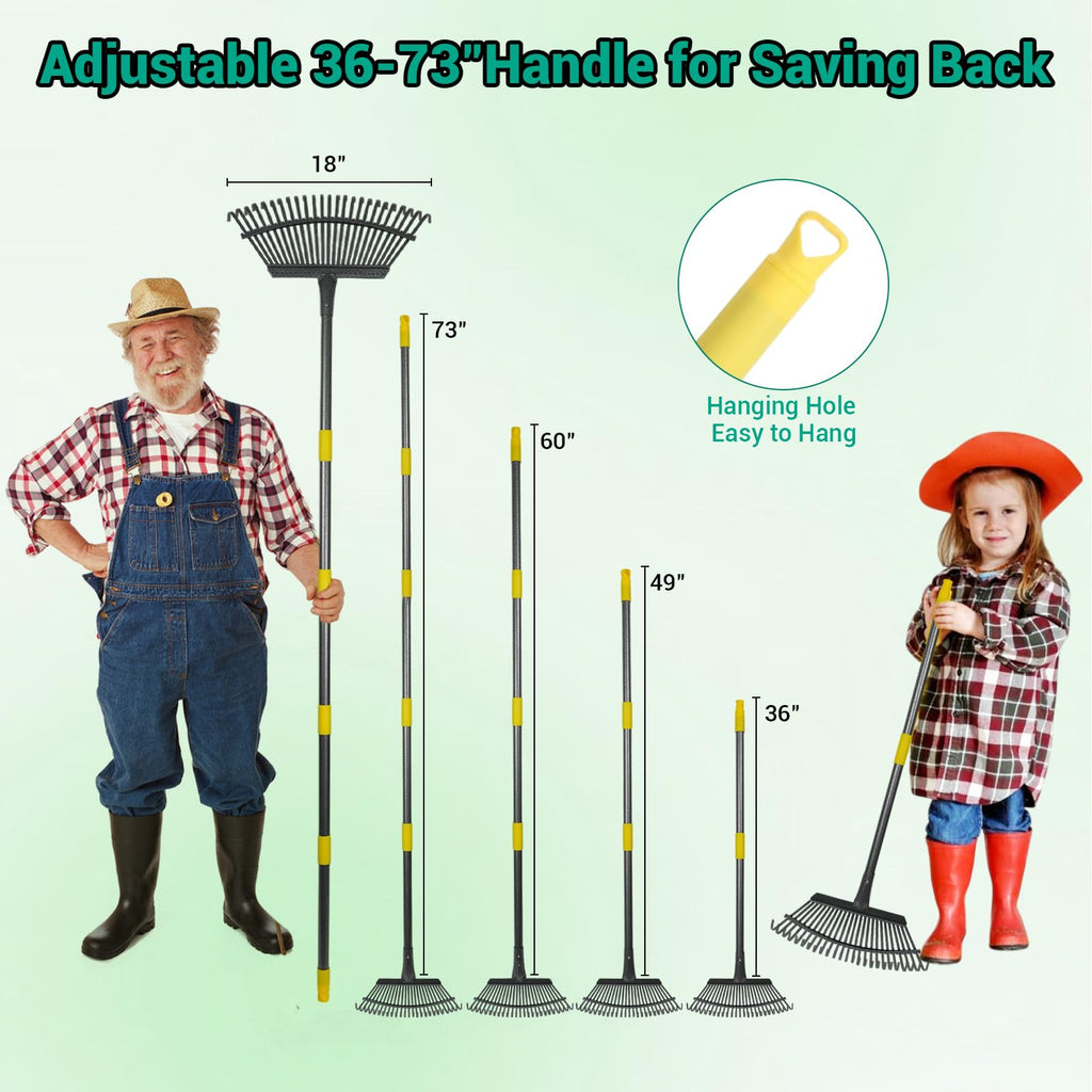 Serqd Adjustable Garden Rake for Leaves 36-73" Long Handle, 18" Wide, Heavy Duty with 25 Metal Tines ，Includes 32Gallon Leaf Bags，Designed for Lawns, Grass, Shrubs ，Flower Beds