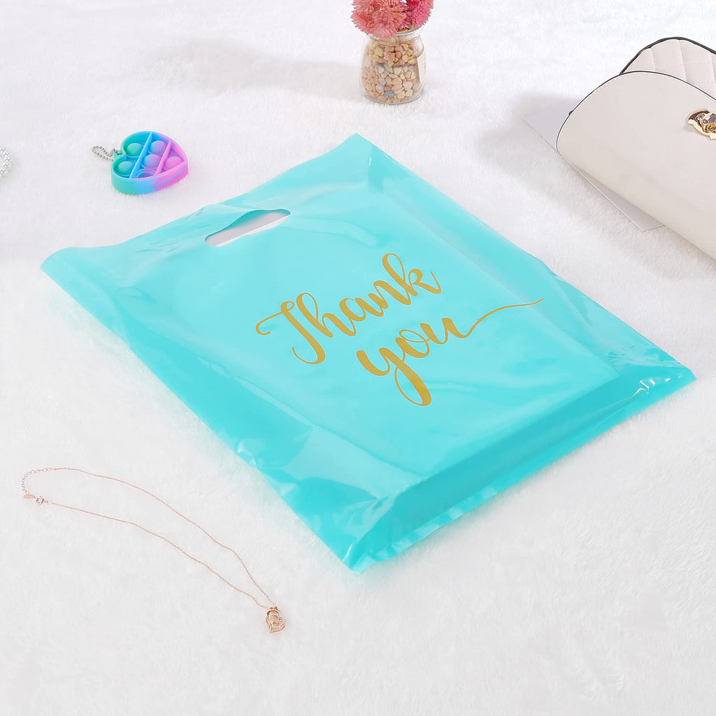 MUKOSEL 100Pcs Thank You Merchandise Bags, Extra Thick 2.36 Mil 12x15 In Retail Shopping Bags for Goodie bags Party Stores Boutique Clothes Business Gift, Reusable Plastic Bags with Handle (Blue)