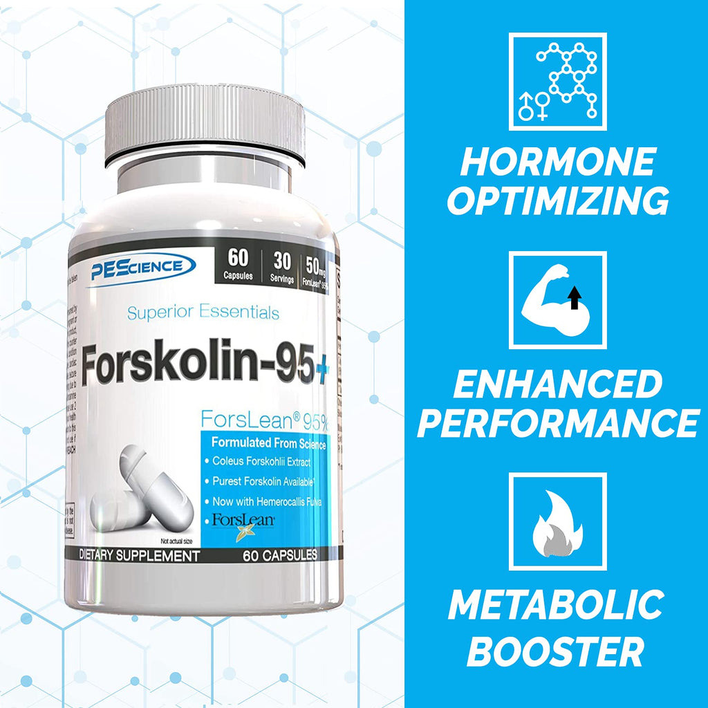 PEScience Forskolin-95+ Capsules, 95% Pure Forskolin from Coleus Forskohlii Extract with Hemerocallis Fulva Extract, Patented ForsLean, 50mg, 60 Count