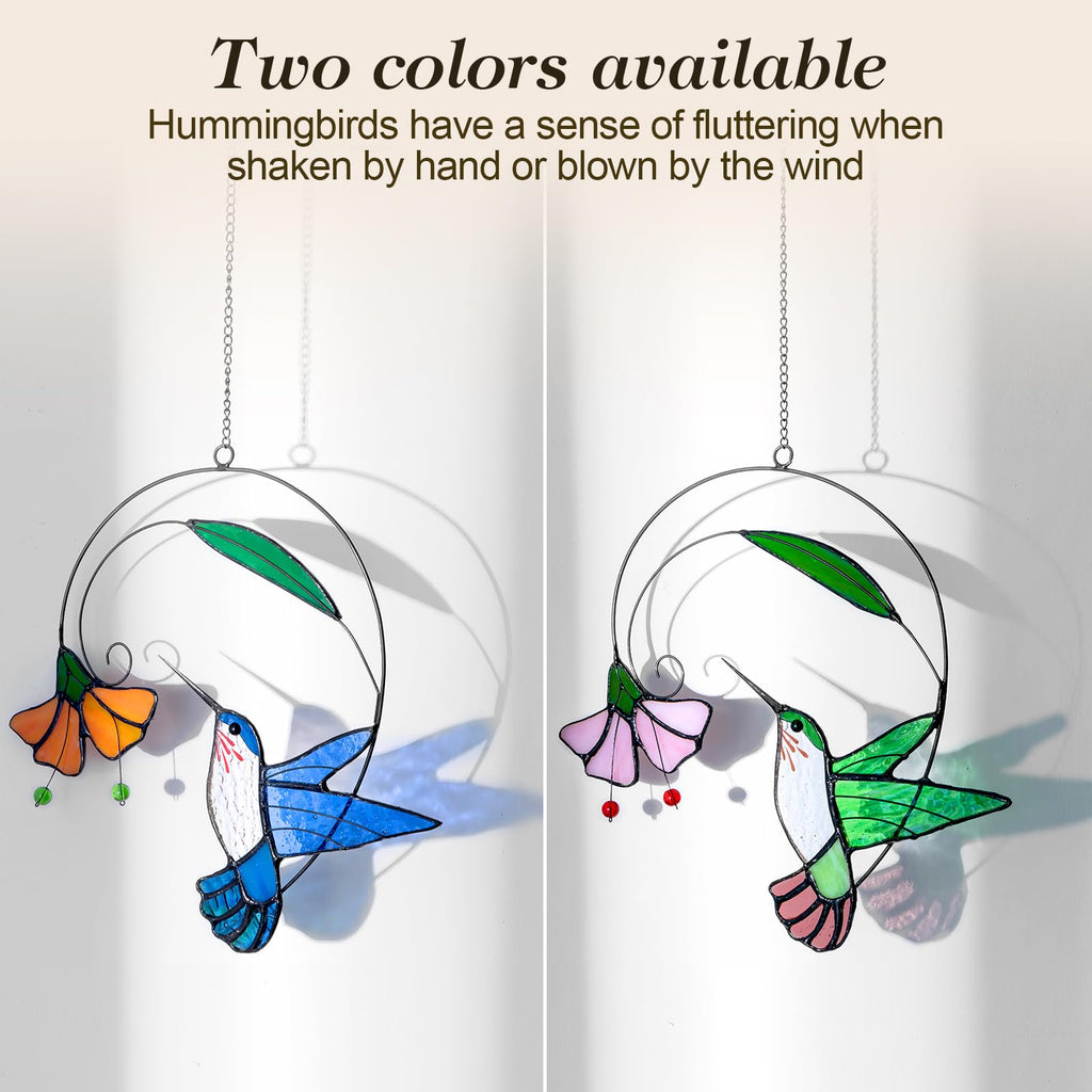 Hummingbird Stained Glass Window Hanging Suncatcher with Flower Branch