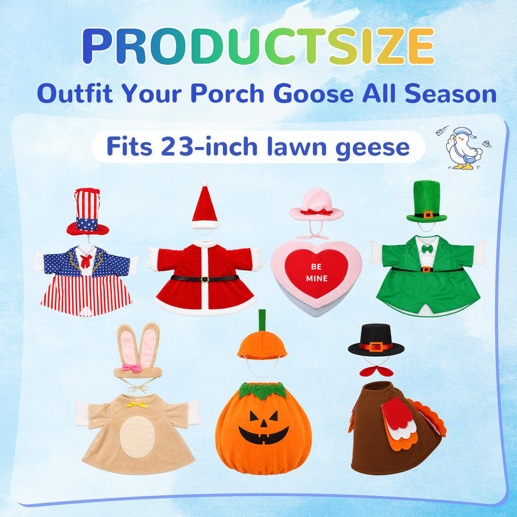 Nesfanchu 7 Set Holiday Porch Goose Outfits for 23" Lawn Goose Statue,All Seasons Goose Clothes Bundle with Valentine St Patrick Easter 4th of July Halloween Thanksgiving Christmas Costumes