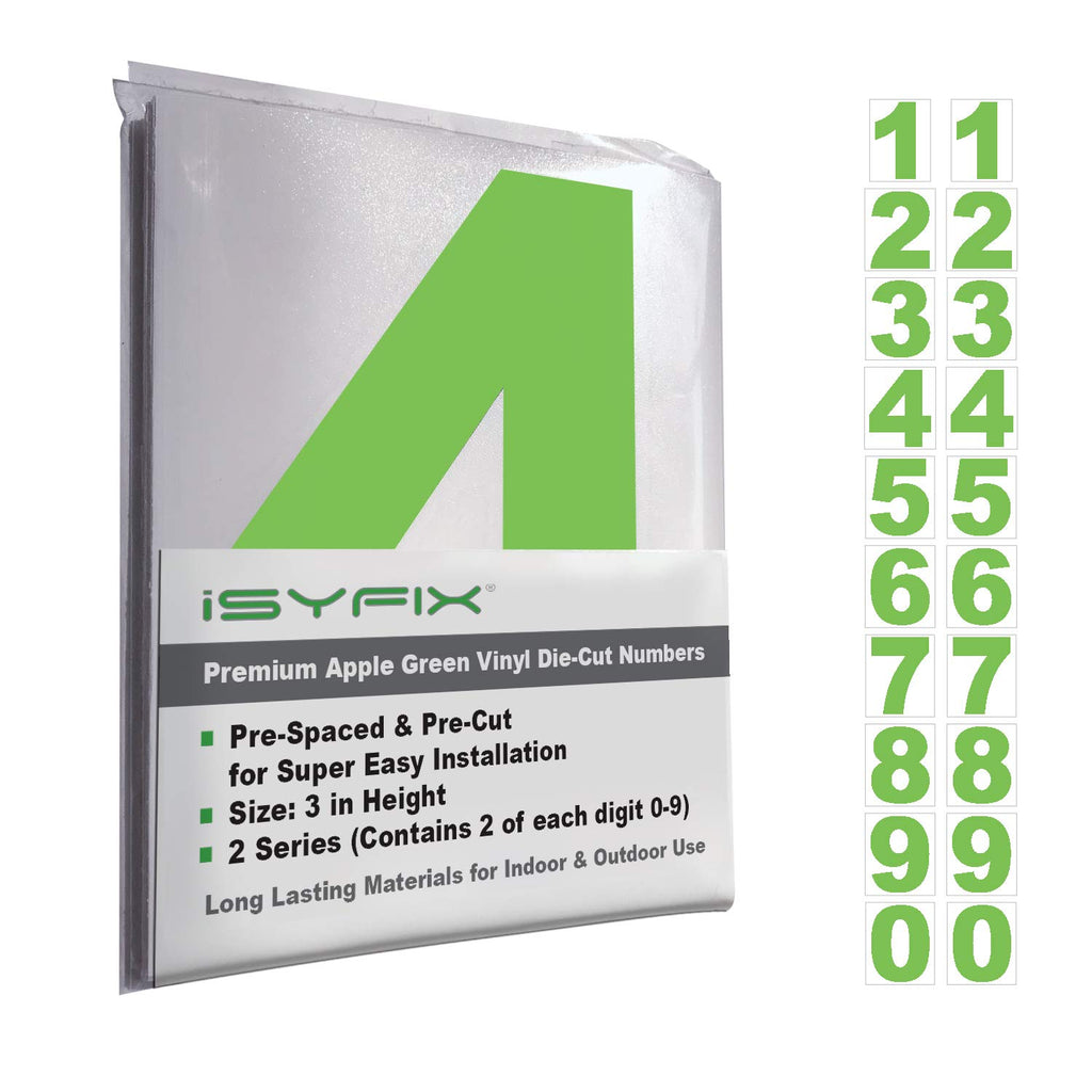 iSYFIX Apple Green Vinyl Numbers Stickers,3 Inch Self Adhesive (2 Sets),Premium Decal Die Cut and Pre-Spaced for Mailbox, Signs, Window, Door, Cars, Trucks, Homes, Address Numbers, Indoor & Outdoor
