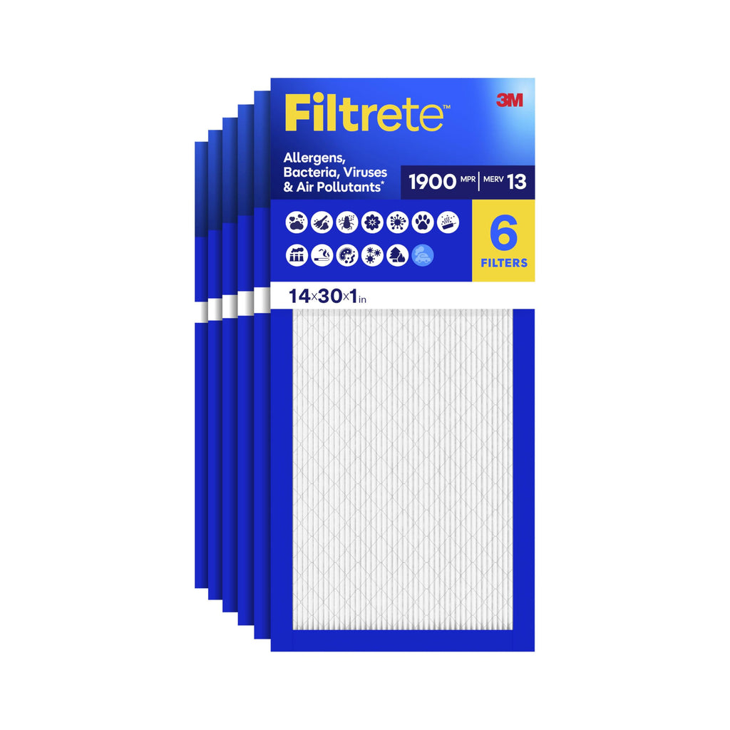 Filtrete 14x30x1 Air Filter, MERV 13 MPR 1900, Allergens, Bacteria, Viruses & Air Pollutants, 3-Month AC/Furnace Filters, Cleaner Air Reliable Airflow, 6 HVAC Filters(Act Size 13.81x29.81x0.78 in)