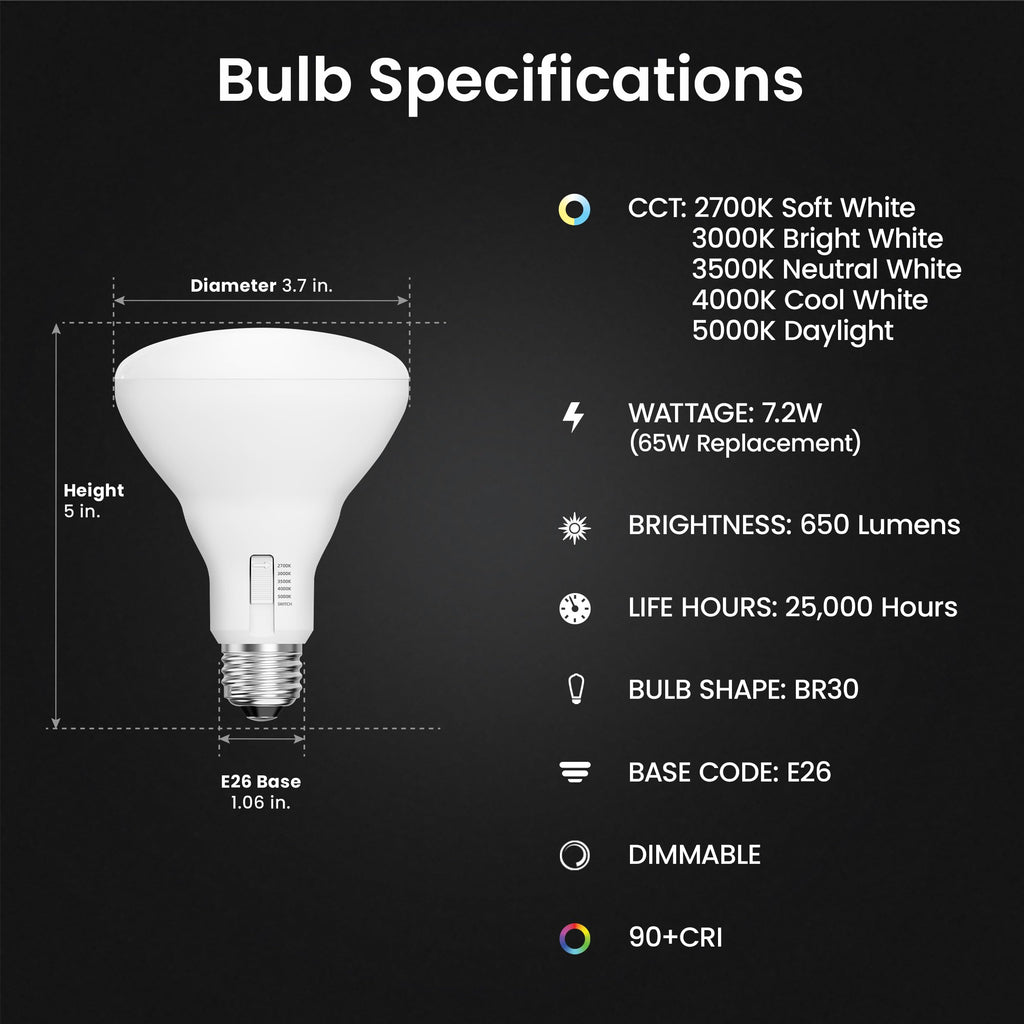 Feit Electric BR30 LED Light Bulbs, 65W Eq, Dimmable, 5CCT 6Way, 6 Pack