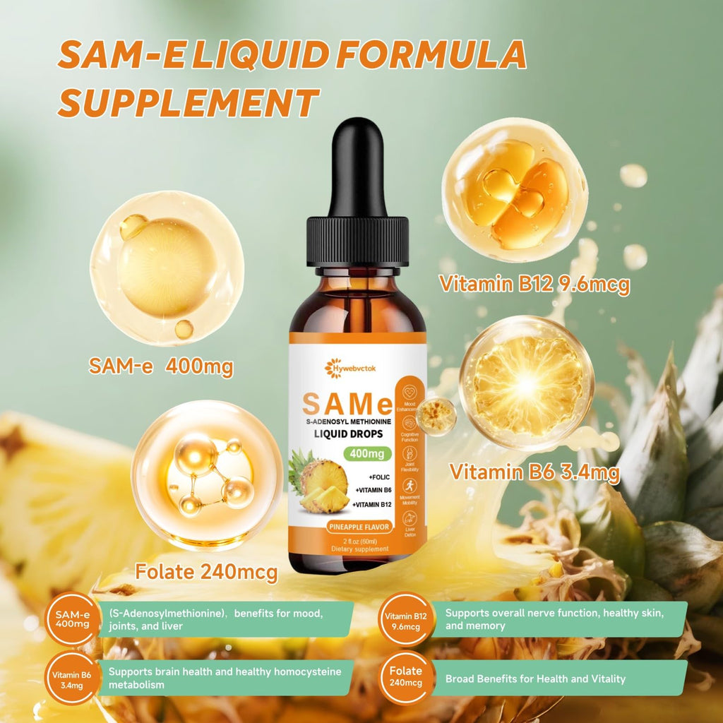 Liquid SAM E Drops, 2 Fl Oz,SAM-E(SAMe) Supplement 400MG S-Adenosyl-L-Methionine with Vitamin B6,B12,Folate,Joint Support & Liver Health，Pineapple Flavor,98% Absorption &Better Bioavailability,0 Sugar