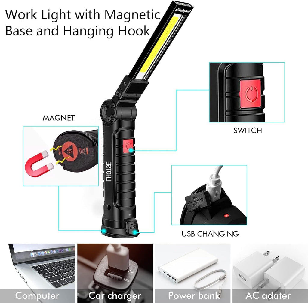 Fathers Day Tool Gifts for Men Dad LED Work Light, 4 Pack Rechargeable Flashlight with Magnetic Base & Hook, Battery Display, 360° rotation, 5 Modes Folding Work Light for Mechanics, Garage, Repairing