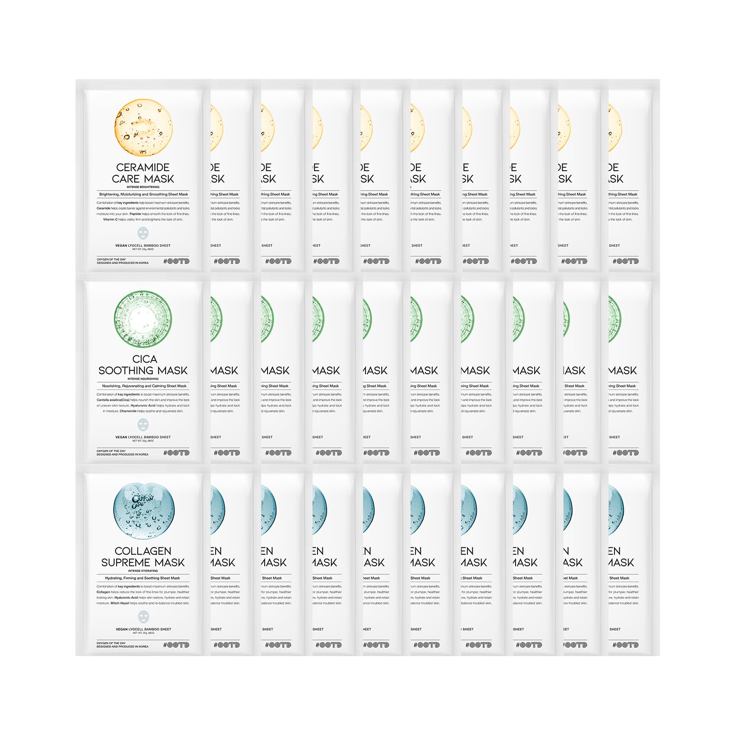 #OOTD Hydrating Soothing Sheet Masks Gift Set for Skincare, Korean Vegan Sheet Mask for Dry, Sensitive Skin, Calming, Smoothing, Brightening, Collagen, Ceramide, Cica, Hyaluronic Acid 30EA