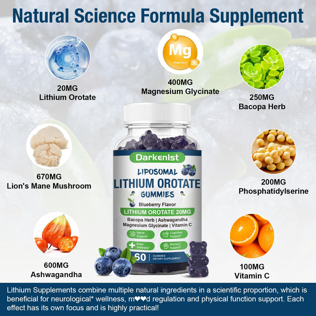 Darkenlst 2 Pack Liposomal 20MG Lithium Orotate Gummies Complex Ashwagandha,Bacopa Herb,Lion's Mane Mushroom, Magnesium Glycinate,Vitamin C,for Mood & Immune Support,Digestive System Support