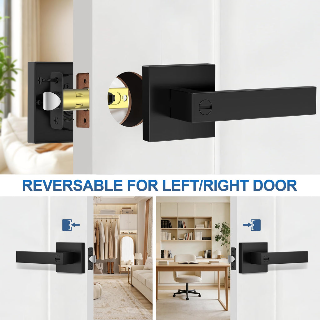 Plustool 1 Pack Matte Black Door Handles, Keyless Interior Door Knobs, Privacy Door Lever Locksets for Bedroom Bathroom, Heavy Duty Square Door Lock, Reversible for Left&Right Handled Doors