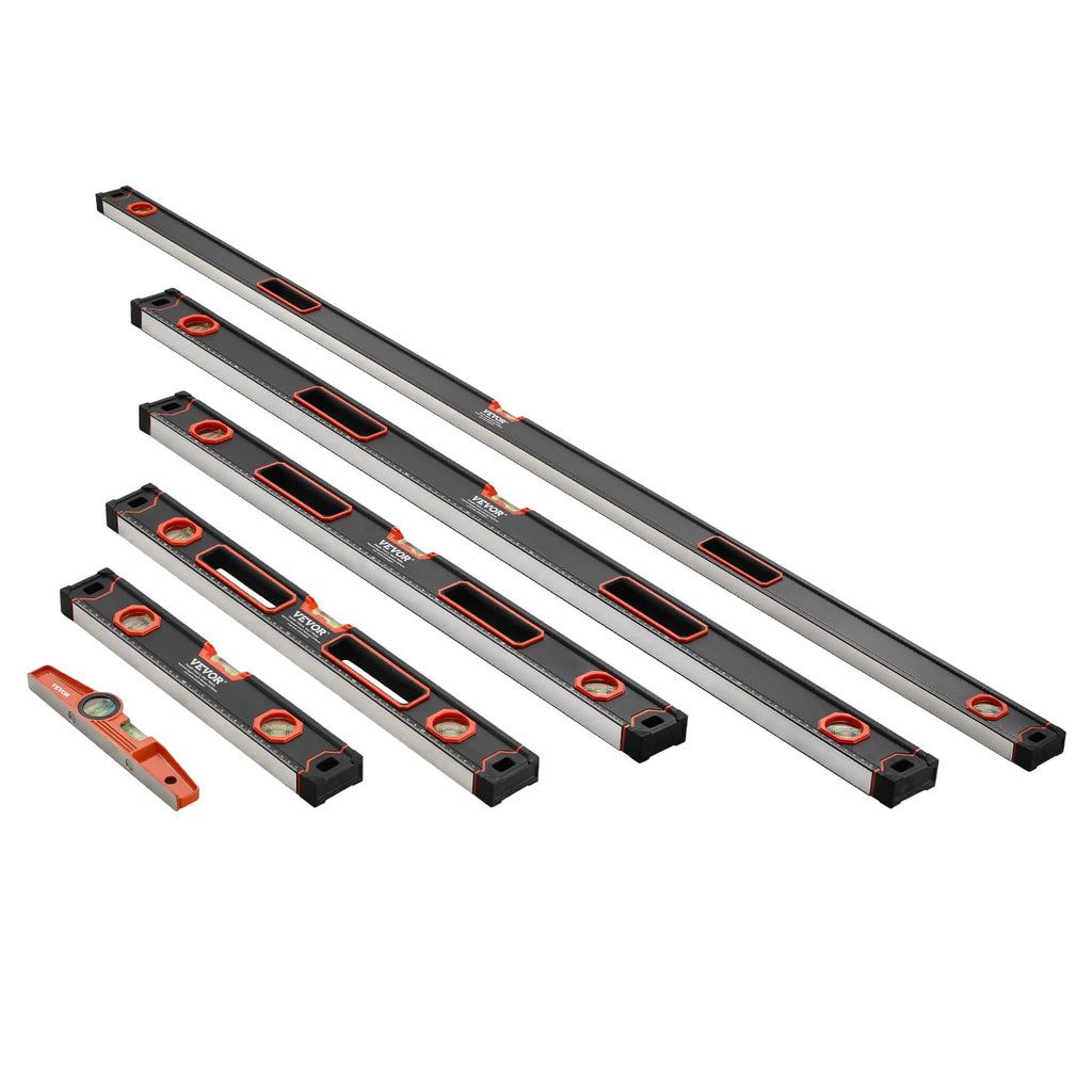 VEVOR 6-Piece Torpedo Level, 78/48/32/24/16/10 Inch All Magnetic Levels Set, Bubble Vials Ruler for 45/90/180 Degree, Aluminum Alloy Magnetic Box Leveler Tool, Shock-Resistance, SAE and Metric Scale