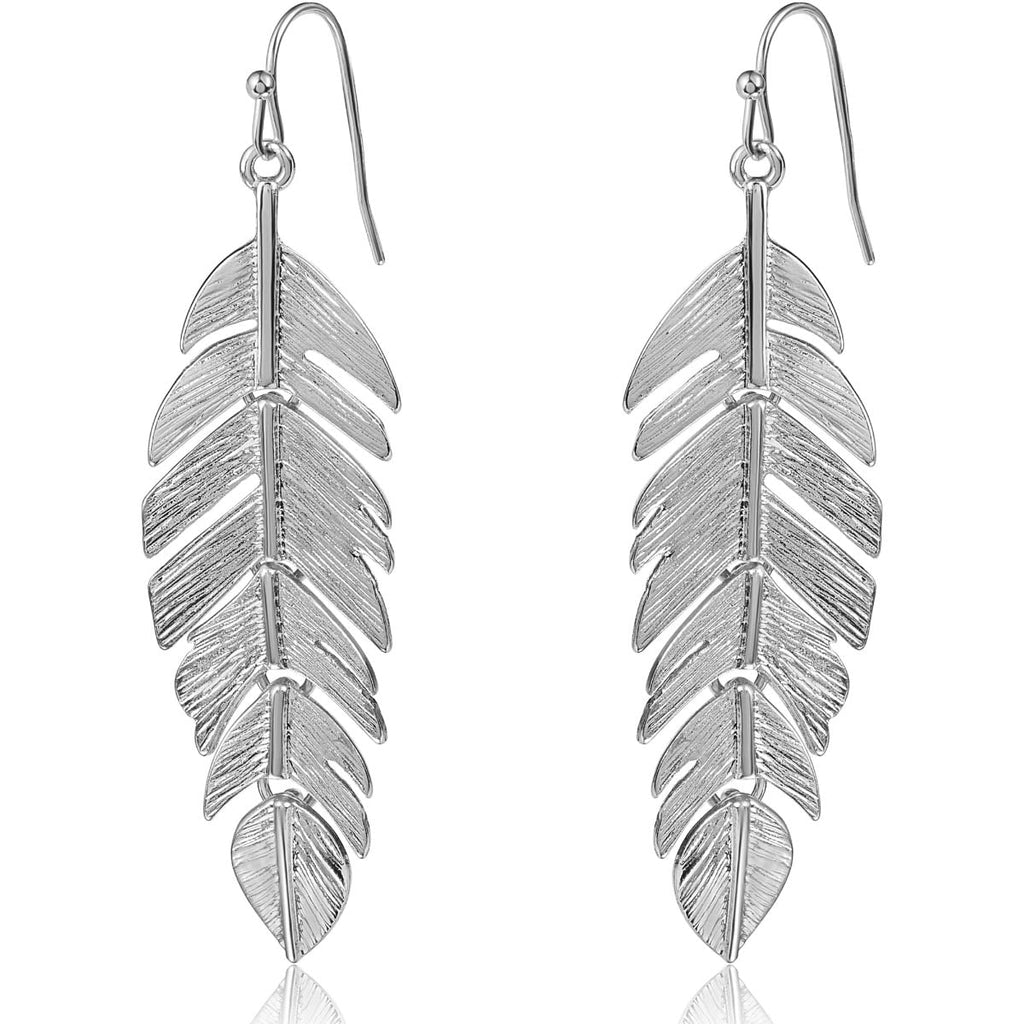 Floating Feathers Dangle Earrings - Silver Tone Long Hanging Leaf Drops