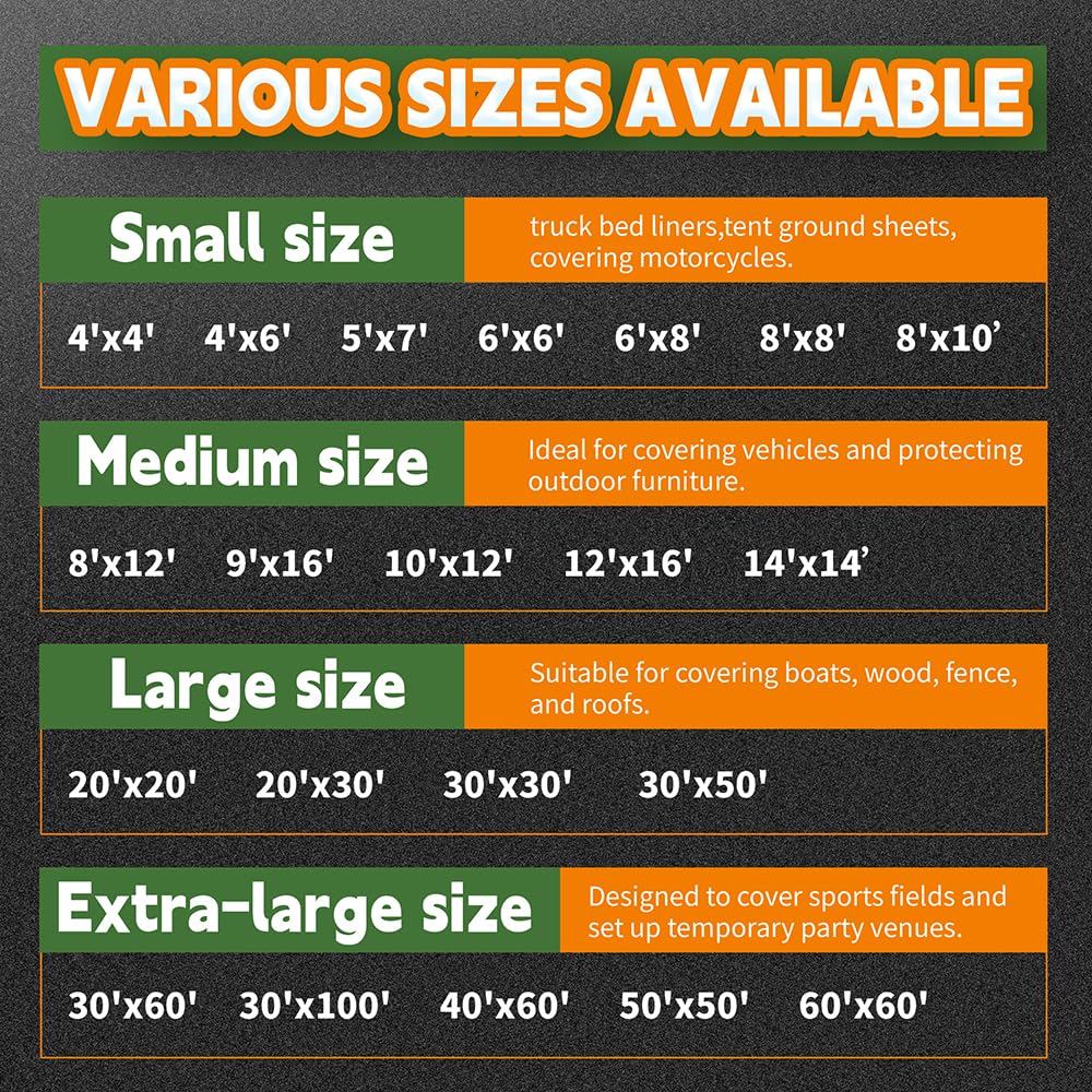 RAINDEWAY Extra Large Tarp 60x60, 8 Mil Thick, Black Tarps Heavy Duty Waterproof, UV Resistant, Cover with Metal Grommets and Reinforced Edges, Finished Size