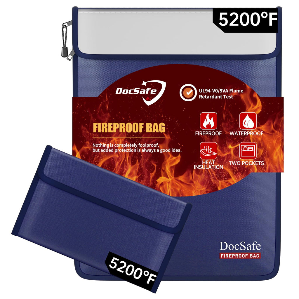 DocSafe Fireproof Document Bag (5200℉) with Fireproof Organizer Travel Case,Heat Insulated Fire＆Water Resistant 8 Layers Safe Money Bag Storage for Important Documents,Cash,Power Bank,Valuables,Blue