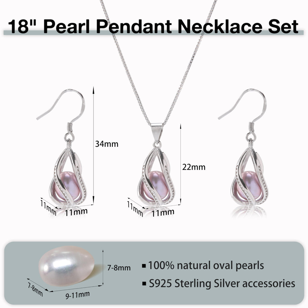 HENGSHENG Pearl Jewelry Set For Women S925 Sterling Silver Necklace & Earrings Set Freshwater Pearl Pendant Cage Set for Wedding Anniversary Prom Birthday Gift - Silvery Purple