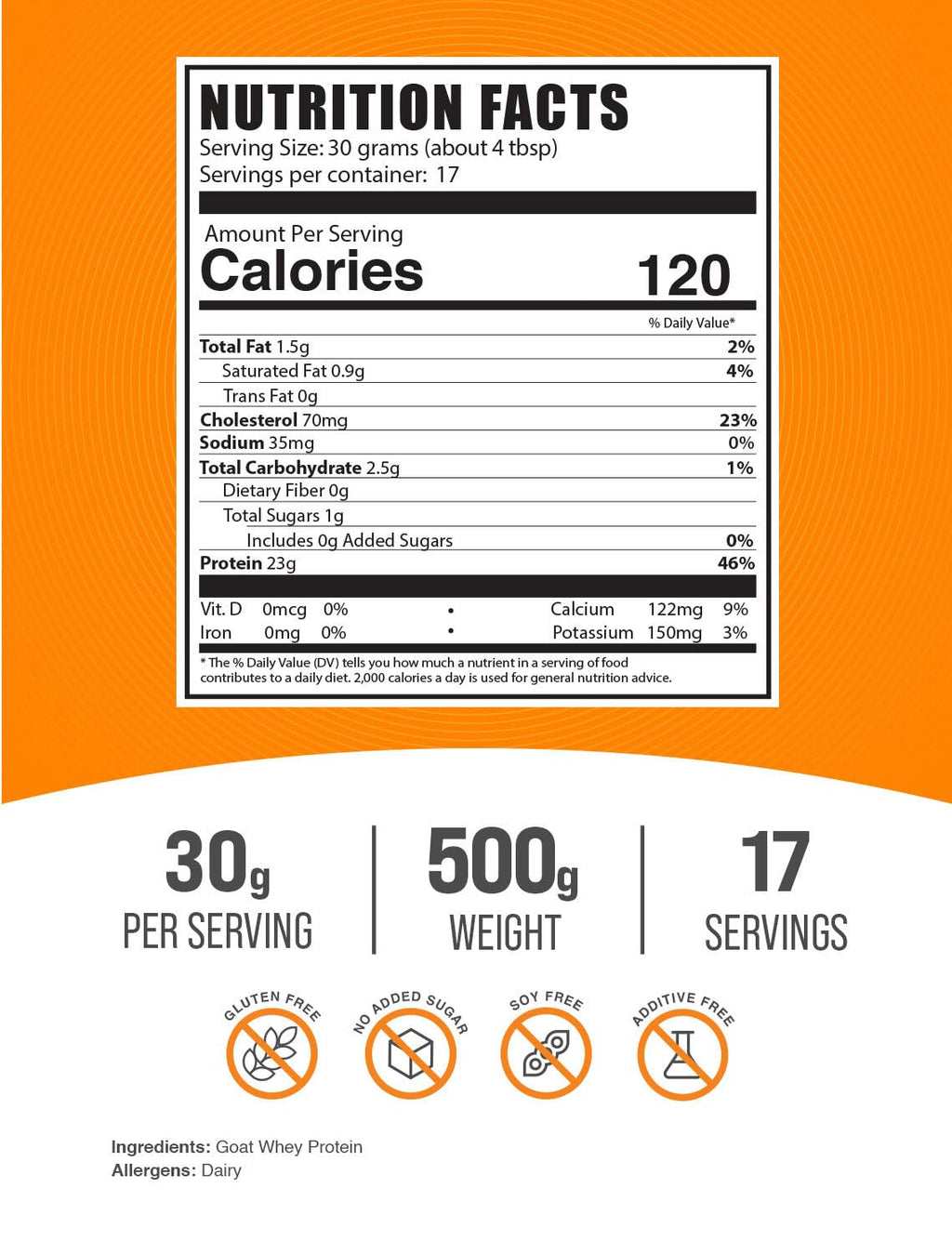 BulkSupplements.com Goat Milk Whey Protein Concentrate Powder - Goat Whey Protein Powder, Unflavored & Gluten Free, 30g per Serving, 500g (1.1 lbs) (Pack of 1)