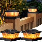 btfarm 4x4 Solar Flame Post Cap Lights Outdoor, 2 Pack Flickering Flame Deck Fence Post Lights, Waterproof Solar Powered Lighting Outside Fit 4x4 3.5x3.5 Wooden/Vinyl for Porch Patio Garden, Black Cap