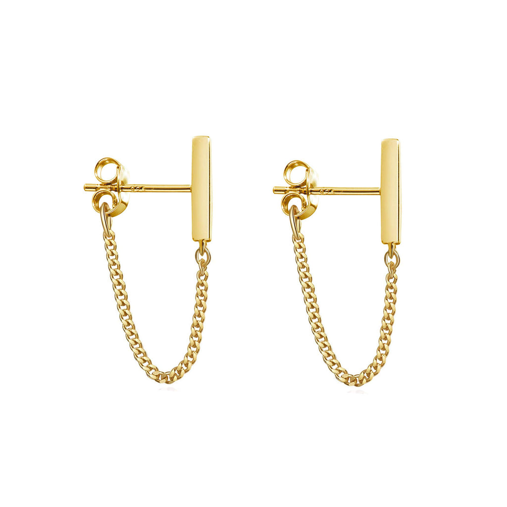 Reffeer 925 Sterling Silver Stud Earrings Minimalist Bar Earrings with Chain Dangle Earrings For Women (C-Yellow)