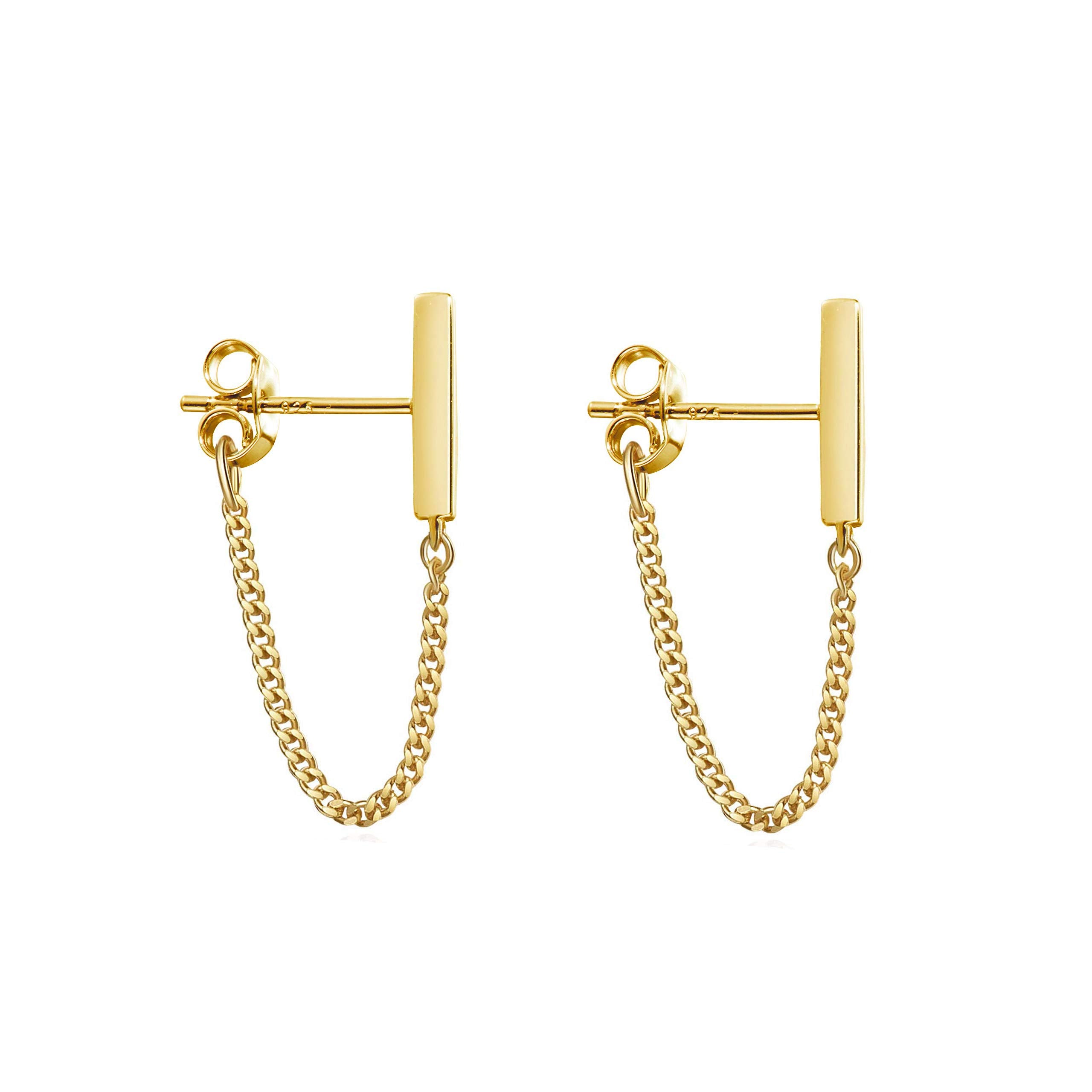 Reffeer 925 Sterling Silver Stud Earrings Minimalist Bar Earrings with Chain Dangle Earrings For Women (C-Yellow)