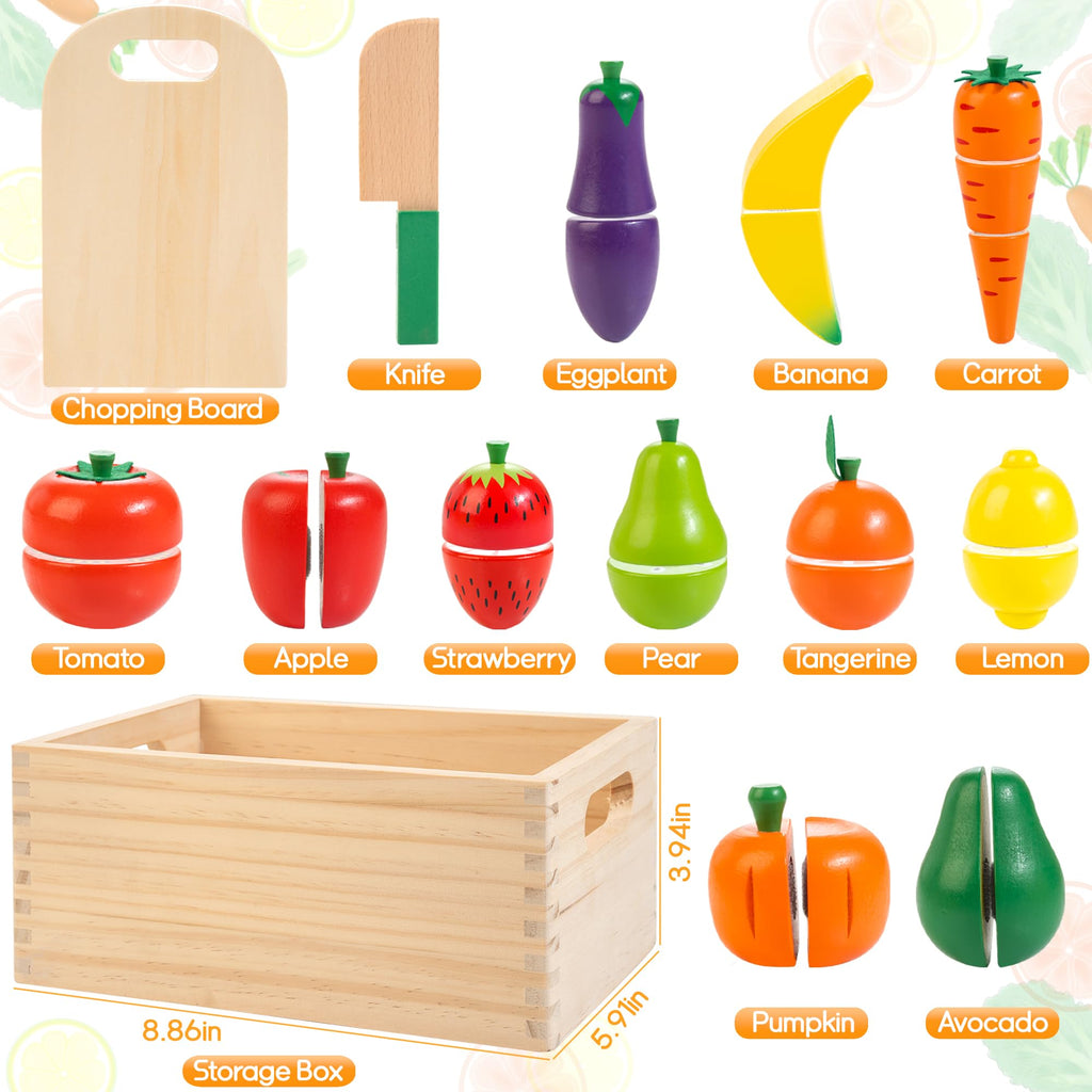 Wooden Play Food for Toddlers, Fruit & Veggies Cutting Set for Play Kitchen