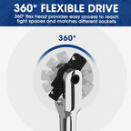WORKPRO Dual Drive Breaker Bar, 3/8" & 1/2" Drive, Heavy Duty Breaker Bars, 24-inch Length with 360° Rotatable Head, Spring-loaded Detent Ball, Chrome Vanadium Steel Made