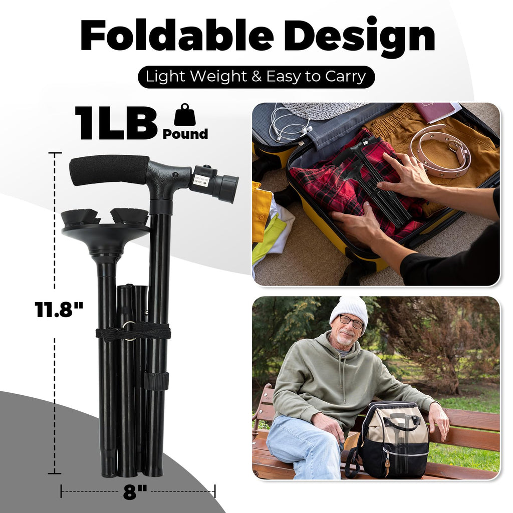 Walking Cane for Men Women: Ohuhu Walking Canes with LED Light Folding Walking Stick Adjustable Free Standing Canes with Wrist Strap Travel Bag for Seniors Adults